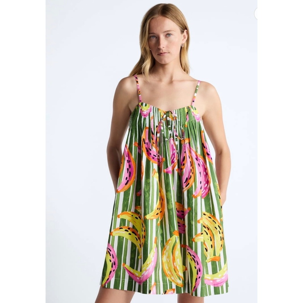 Free Assembly Banana Mini Dress Womens L 12-14 Green Striped Fruitcore Babydoll